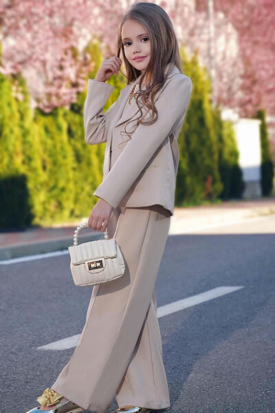 Girls' Blazer Jacket and Chain Detail Beige Jumpsuit - 3