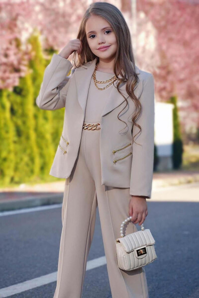 Girls' Blazer Jacket and Chain Detail Beige Jumpsuit - 5