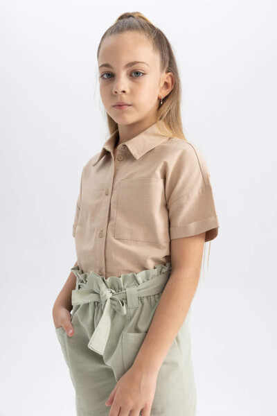 Girls Crop Linen Short Sleeve Shirt Light Vizon - 8