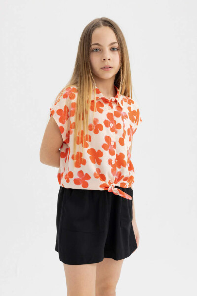 Girls' Crop Patterned Short-Sleeved Shirt Red - 4