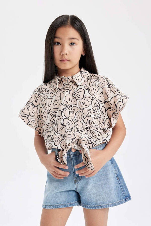 Girls' Crop Short-Sleeved Printed Shirt Khaki - 3