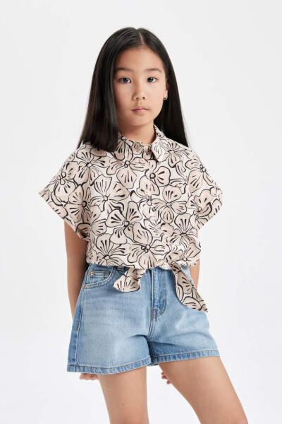 Girls' Crop Short-Sleeved Printed Shirt Khaki - 4