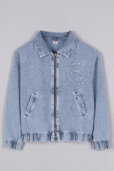 Girls' Denim Jacket with Good Vibes Writing, Zipper Closure, Elastic Waist and Cuffs - 4