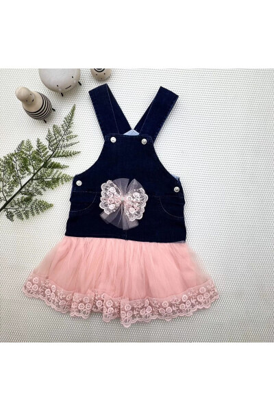 Girls' Denim Romper with Tulle Skirt, Button Detail and Bow, Navy-Powder, 2-3-4 Years - 1