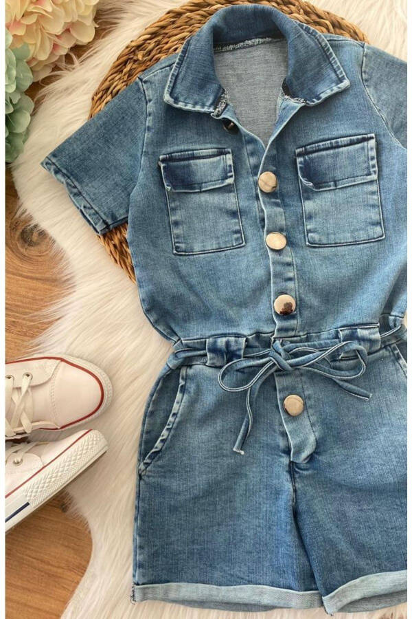 Girls Denim Shorts Jumpsuit - 2