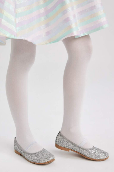 Girls' Flat Single Strap Synthetic Leather Glitter Silver Ballerina Grey - 2