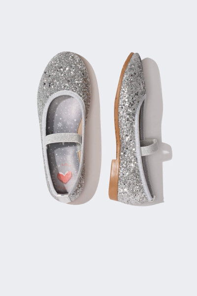 Girls' Flat Single Strap Synthetic Leather Glitter Silver Ballerina Grey - 8