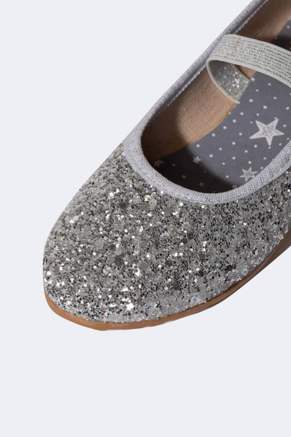 Girls' Flat Single Strap Synthetic Leather Glitter Silver Ballerina Grey - 11