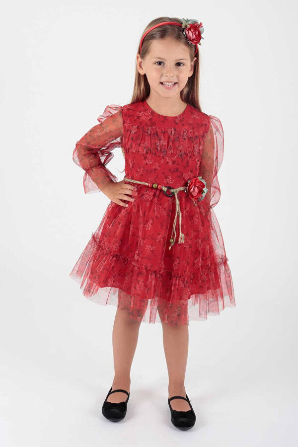 Girls Floral Print Crowned Belted Dress Ak2202 - 1