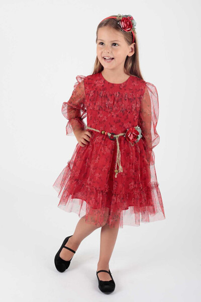 Girls Floral Print Crowned Belted Dress Ak2202 - 2