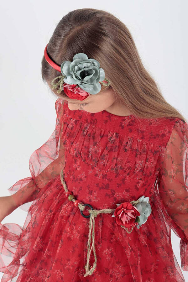 Girls Floral Print Crowned Belted Dress Ak2202 - 3