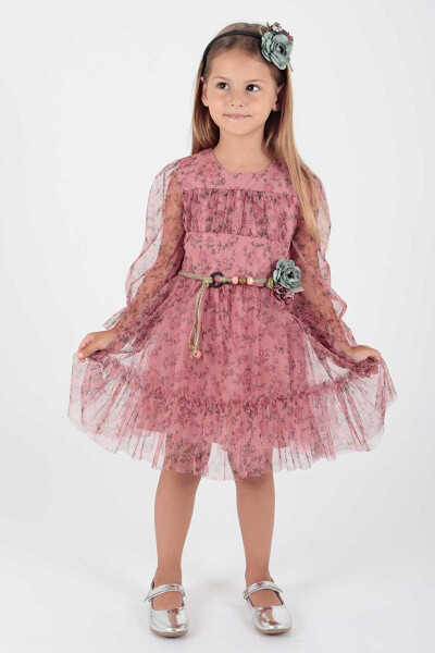 Girls' Floral Printed Crown Belt Dress Ak2202 - 1