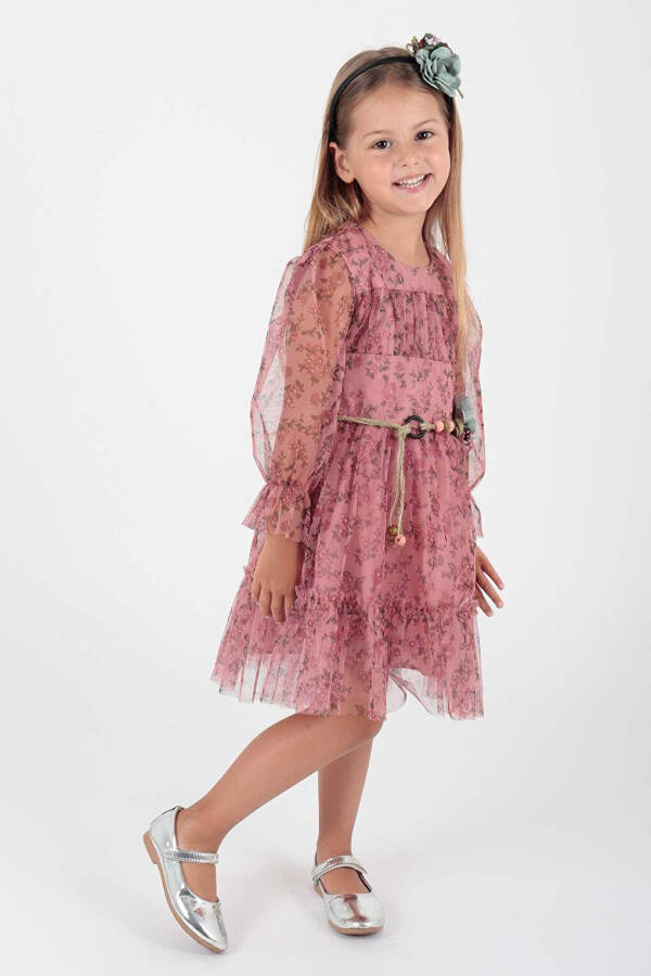 Girls' Floral Printed Crown Belt Dress Ak2202 - 2