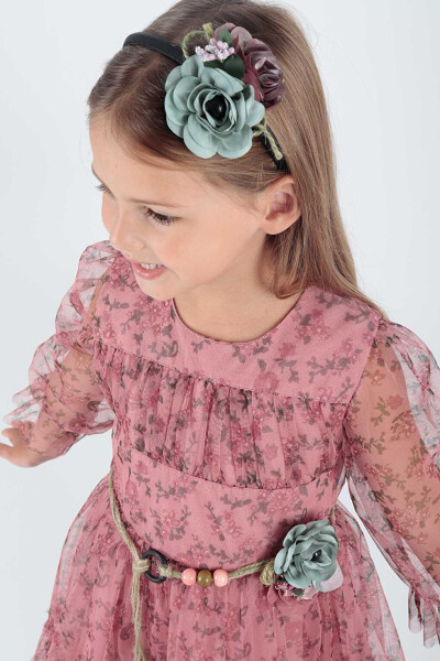 Girls' Floral Printed Crown Belt Dress Ak2202 - 4