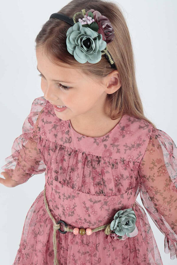 Girls' Floral Printed Crown Belt Dress Ak2202 - 4