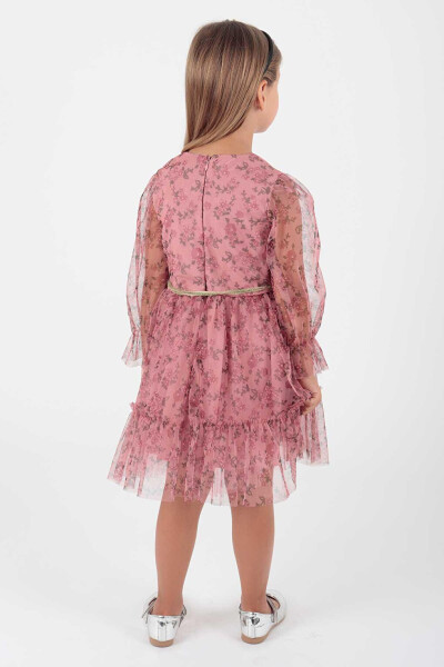 Girls' Floral Printed Crown Belt Dress Ak2202 - 5