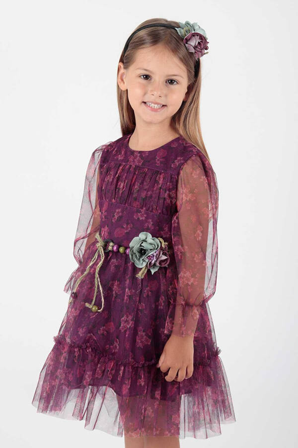 Girl's Floral Printed Crowned Belted Dress Ak2202 - 1