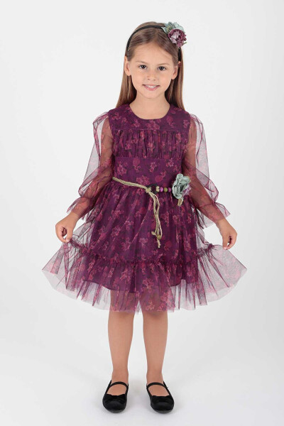 Girl's Floral Printed Crowned Belted Dress Ak2202 - 2