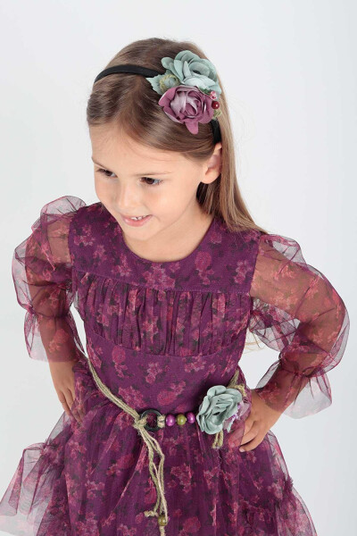 Girl's Floral Printed Crowned Belted Dress Ak2202 - 3