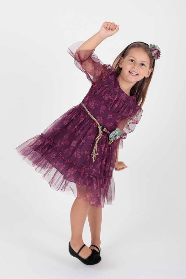 Girl's Floral Printed Crowned Belted Dress Ak2202 - 4