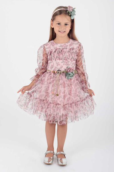 Girls' Flower Print Crowned Belted Dress Ak2202 - 1