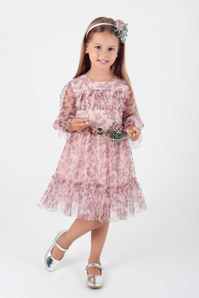 Girls' Flower Print Crowned Belted Dress Ak2202 - 2