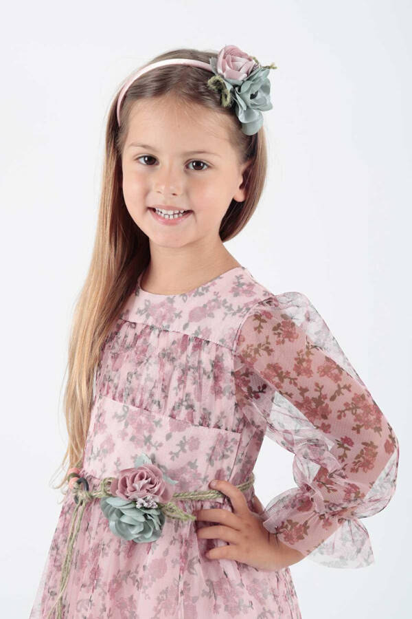 Girls' Flower Print Crowned Belted Dress Ak2202 - 3