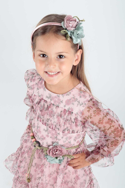 Girls' Flower Print Crowned Belted Dress Ak2202 - 4