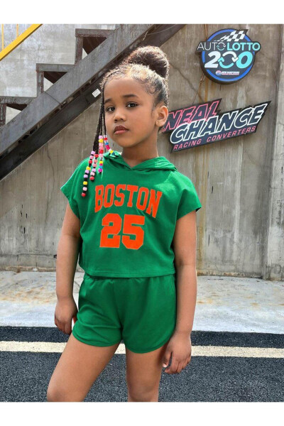 Girls Green Hooded Boston25 Printed Shorts-T-shirt Set - 1