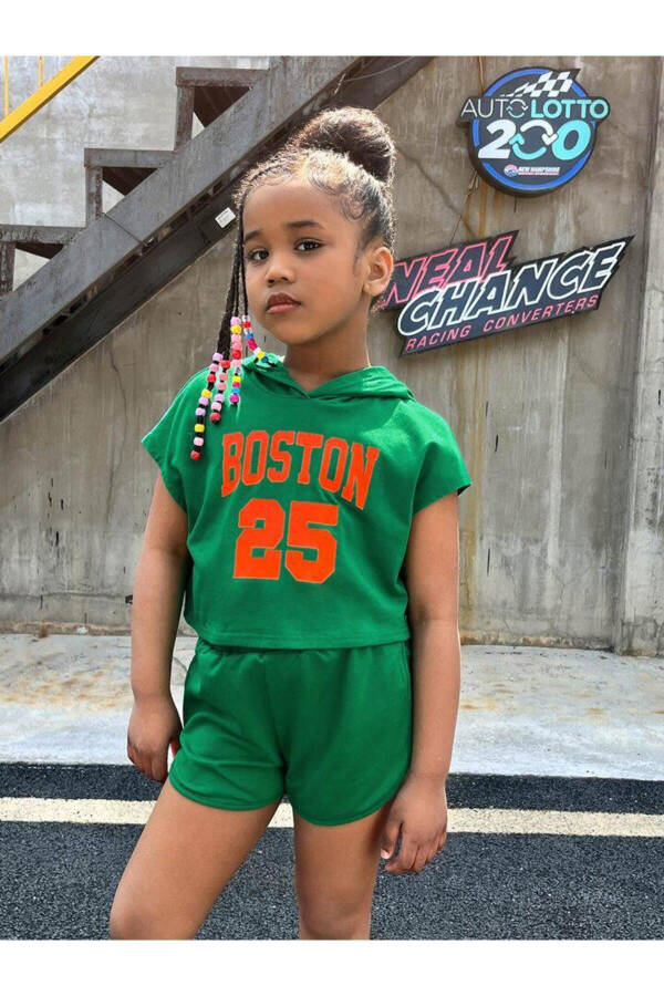 Girls Green Hooded Boston25 Printed Shorts-T-shirt Set - 1