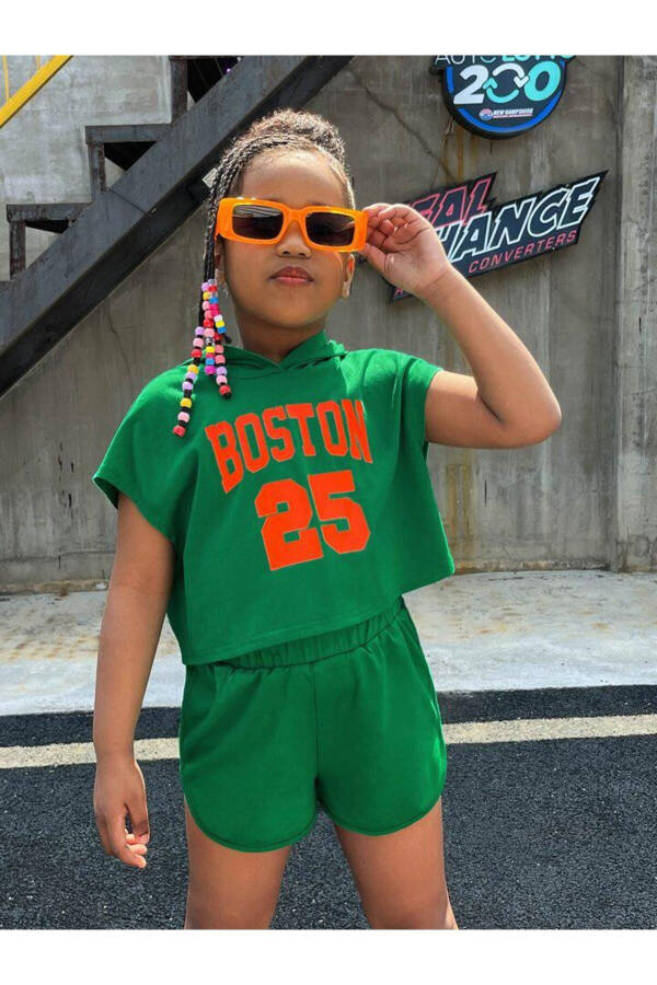 Girls Green Hooded Boston25 Printed Shorts-T-shirt Set - 3