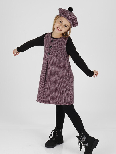 Girls Hat and Dress 3 Piece Set Button Detailed Ak2403 - 3