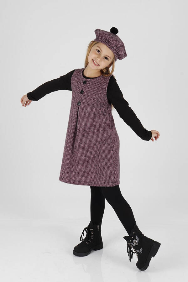 Girls Hat and Dress 3 Piece Set Button Detailed Ak2403 - 9