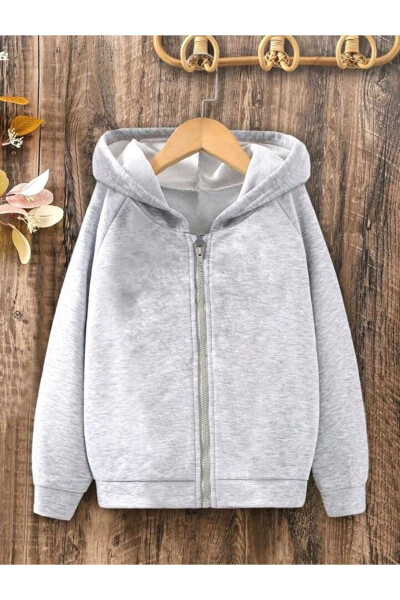 Girls' Hooded Butterfly Print Grey Zippered Cardigan - 3