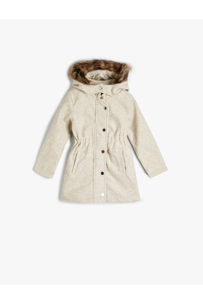 Girls' hooded coat with faux fur collar, drawstring detail, buttoned pockets. - 1