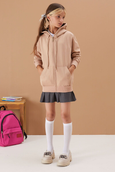 Girls' Hooded Zip-Up Beige School Jacket 16193 - 7