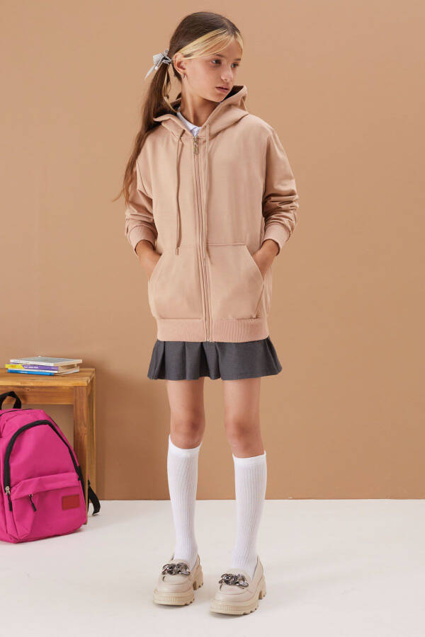 Girls' Hooded Zip-Up Beige School Jacket 16193 - 7