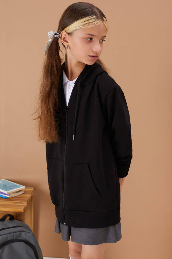 Girls' Hooded Zippered Black School Jacket 16191 - 10