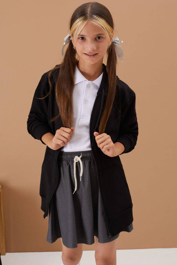 Girls' Hooded Zippered Black School Jacket 16191 - 11