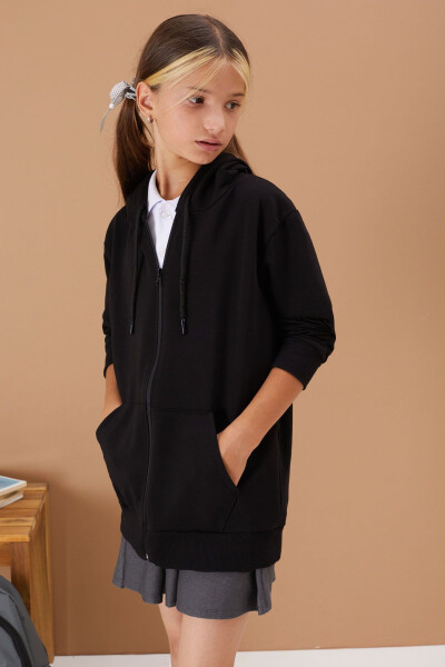 Girls' Hooded Zippered Black School Jacket 16191 - 13