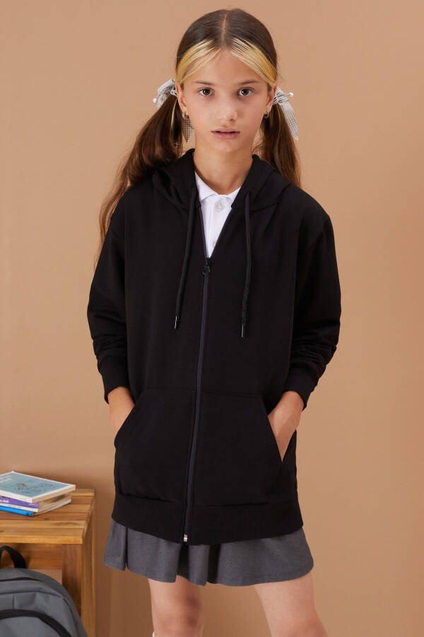 Girls' Hooded Zippered Black School Jacket 16191 - 3