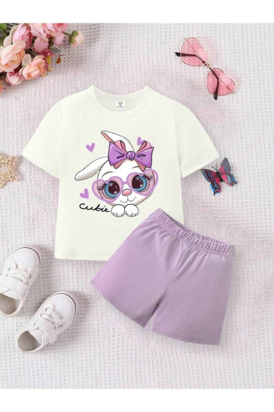 Girls Lilac Kitten Shorts-T-Shirt Printed Set - 1