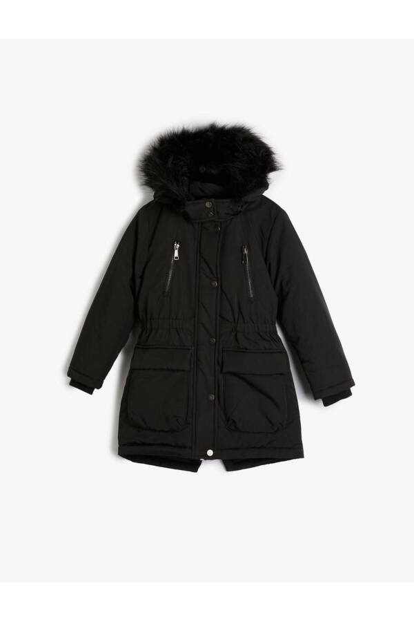 Girls' long puffer coat with fur detail pockets. - 1