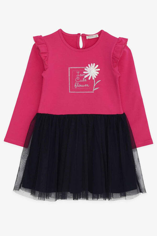 Girls' Long Sleeve Dress with Sequined Floral Print, Fuchsia (3-4 Years) - 10