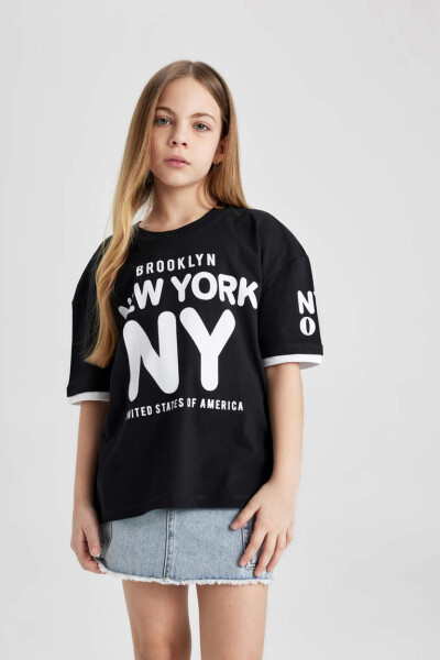 Girls' Oversize Fit Printed Short Sleeve T-Shirt Black - 1