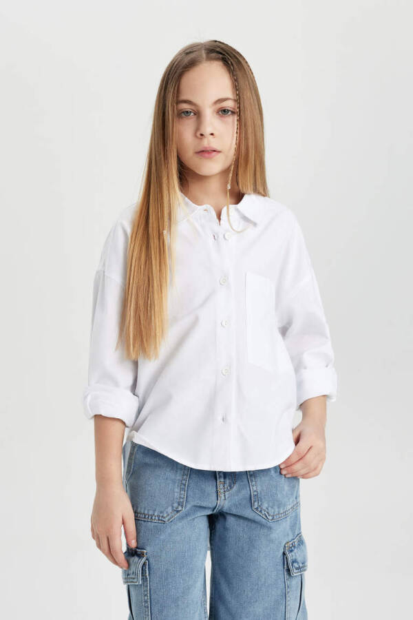 Girls' Oversized Fit Oxford Long Sleeve Shirt White - 1