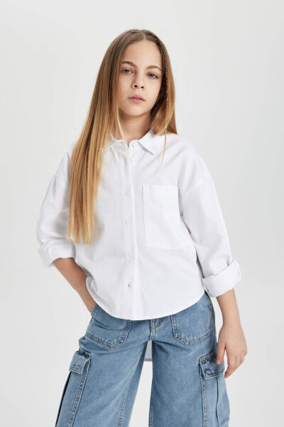 Girls' Oversized Fit Oxford Long Sleeve Shirt White - 3