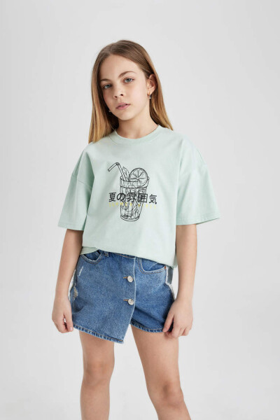 Girls' Oversized Printed Short Sleeve T-Shirt Mint - 1