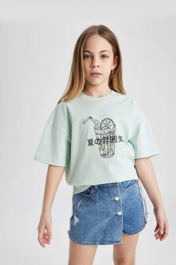 Girls' Oversized Printed Short Sleeve T-Shirt Mint - 5