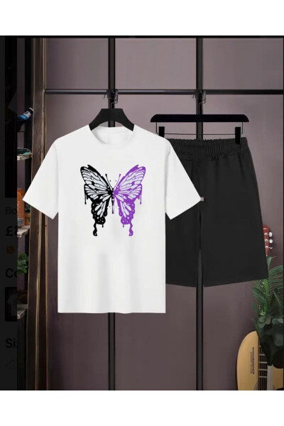 Girls Purple-Black Butterfly Printed Shorts-T-Shirt Set - 1